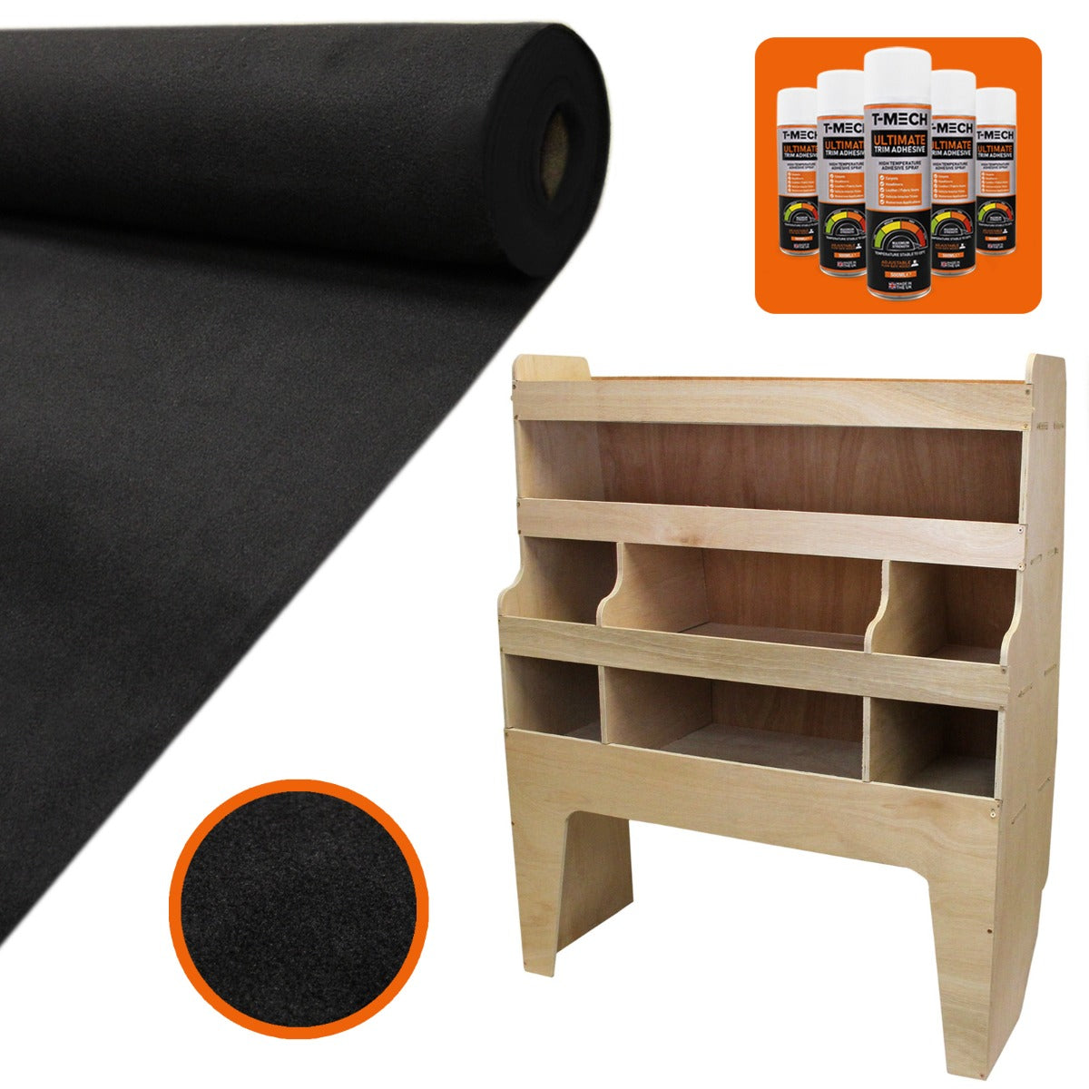 Schwarze Teppich-Verkleidung aus weichem Material, zusammen mit einem hellen Holzregal mit mehreren Fächern und Kleber für VW Transporter im Set