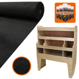 Schwarze Teppich-Verkleidung aus weichem Material, zusammen mit einem hellen Holzregal mit mehreren Fächern und Kleber für VW Transporter im Set