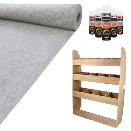 Fahrzeugregal aus hellem Holz, graue Teppich-Verkleidung aus Filz und vier Kleberflaschen in verschiedenen Farben, ideal für Fahrzeugprojekte