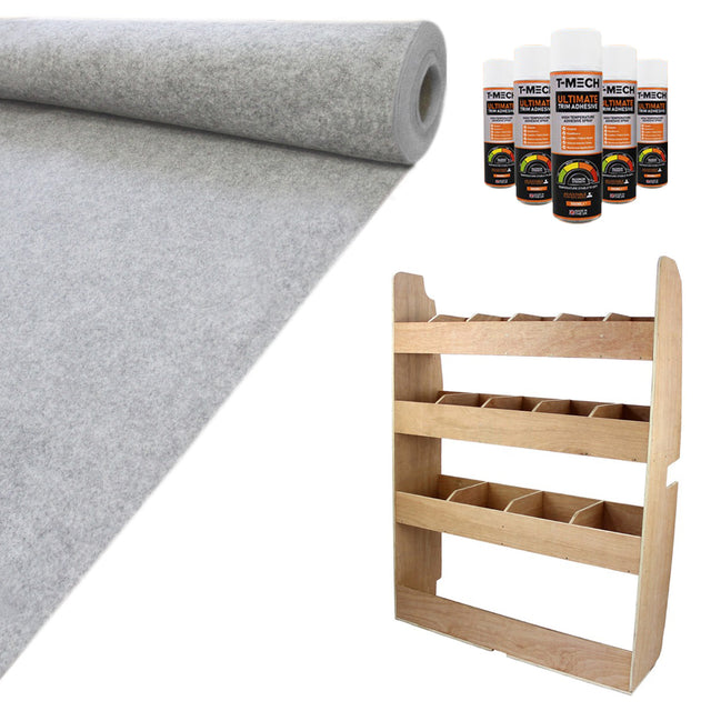 Fahrzeugregal aus hellem Holz, graue Teppich-Verkleidung aus Filz und vier Kleberflaschen in verschiedenen Farben, ideal für Fahrzeugprojekte