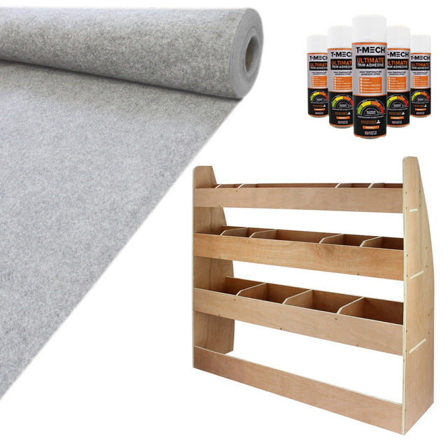 Silbergraue Teppich-Verkleidung aus hochwertigem Material, dazu Kleber und ein helles Holzregal mit mehreren Fächern für den VW Caddy