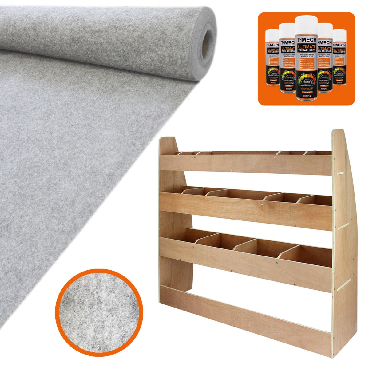 Silbergrauer Teppich mit weicher, filzartiger Textur, kombiniert mit einem hellen Holzregal mit mehreren Fächern für den VW Caddy