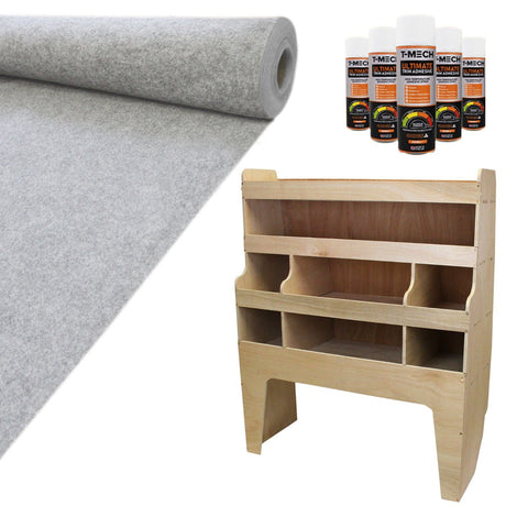 Silbergraue Teppich-Verkleidung aus weichem Material, Holzregal mit Fächern und Kleberflaschen für VW Transporter im Set