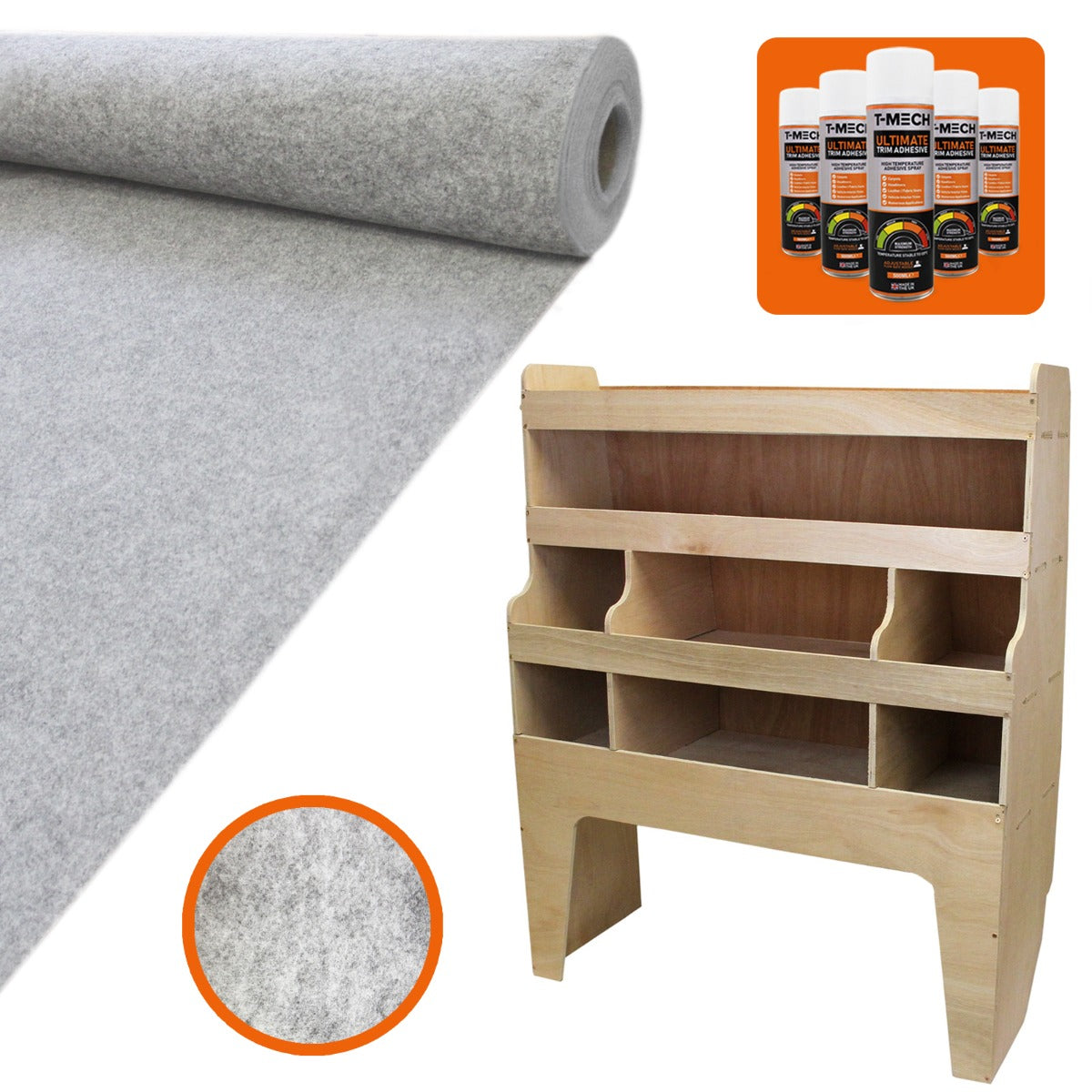 Silbergraue Teppich-Verkleidung aus weichem Material, zusammen mit einem hellen Holzregal mit mehreren Fächern und Kleber für VW Transporter