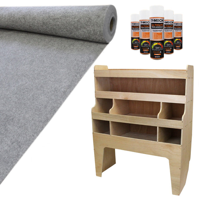 Grau Teppich-Verkleidung aus weichem Material, zusammen mit einem hellen Holzregal mit mehreren Fächern und Kleber für VW Transporter im Set