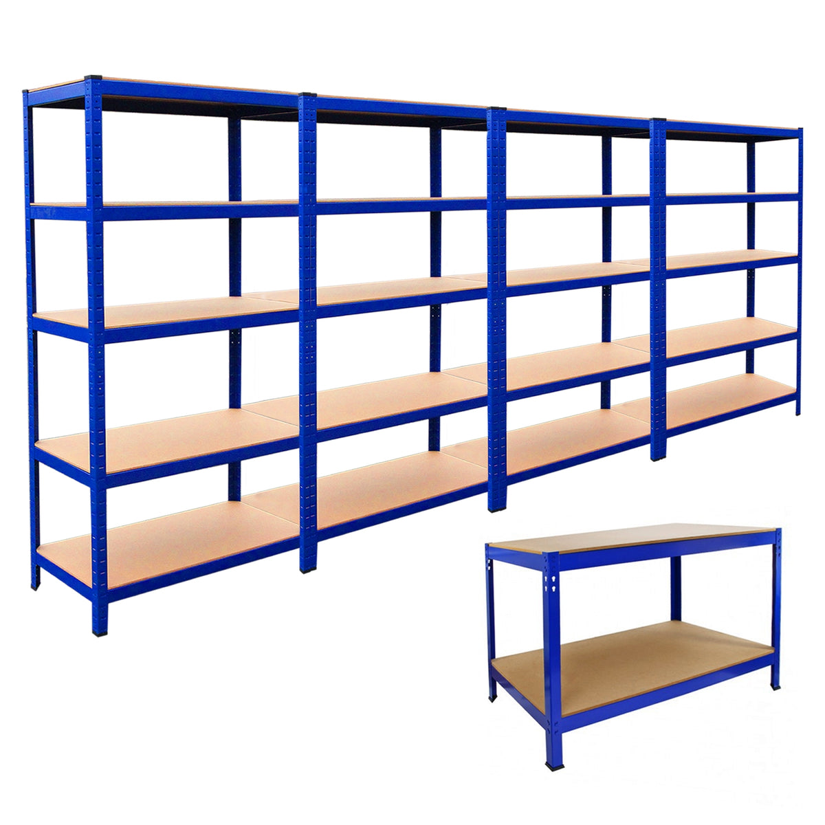 Blaues 4x T-Rax Lagerregal mit 90 cm Höhe und Q-Rax Werkbank mit 120 cm, beide mit stabilen Holzregalen und robustem Metallrahmen