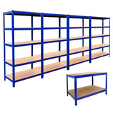 Blaues 4x T-Rax Lagerregal mit 90 cm Höhe und Q-Rax Werkbank mit 120 cm, beide mit stabilen Holzregalen und robustem Metallrahmen