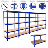 Vier blaue T-Rax Lagerregale mit 90 cm Höhe und eine Q-Rax Werkbank mit 120 cm, aus pulverbeschichtetem Stahl und robusten MDF-Regalen