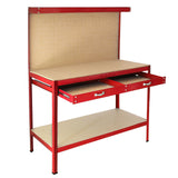 Robuste Werkbank in leuchtendem Rot mit einer Stecktafel, zwei Schubladen und einer stabilen Ablagefläche aus hellem Material