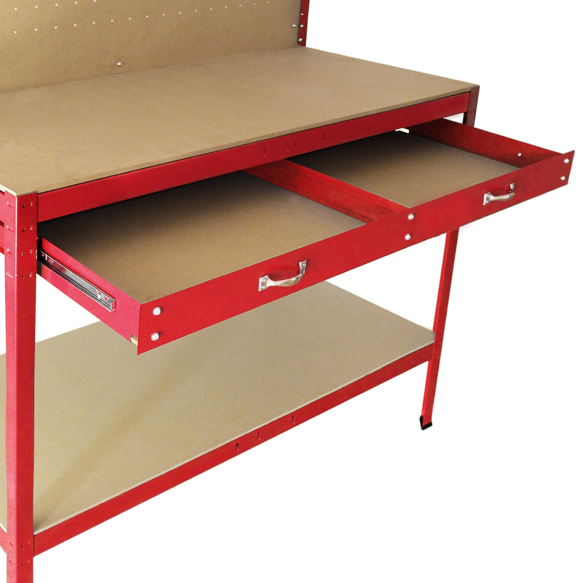 Robuste Werkbank in Rot mit einer praktischen Stecktafel, zwei Schubladen und einer stabilen Ablagefläche aus Holzwerkstoff