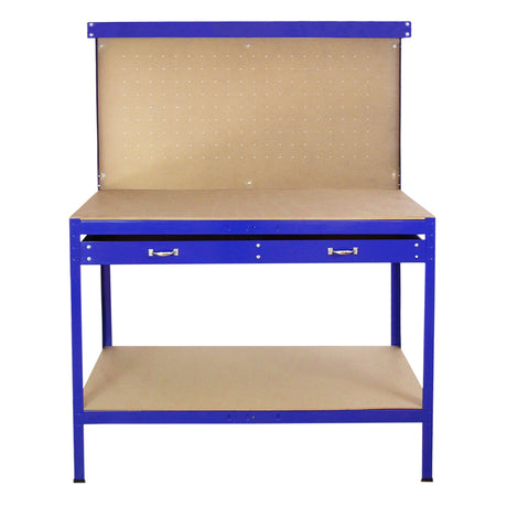 Robuste Werkbank in Blau mit einer praktischen Stecktafel und einer Schublade, ideal für Werkstätten und Bastelprojekte, aus stabilem Material gefertigt