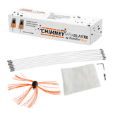 Schornsteinbürste mit orangefarbenen Borsten, flexiblen weißen Stäben und Zubehör in einer bedruckten Verpackung für effektive Reinigung