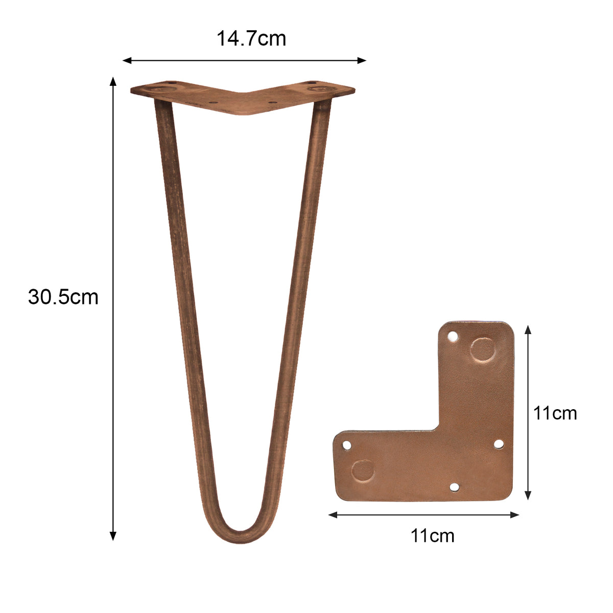 Vier 30,5 cm lange Haarnadelbeine aus robustem Metall in einem warmen Kupferton, ideal für DIY-Tischprojekte mit stabilen Streben