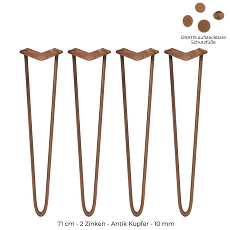 Vier antik kupferfarbene Hairpin Legs mit zwei Zinken, 71 cm hoch, aus robustem Metall, ideal für Tischprojekte und Möbelgestaltung