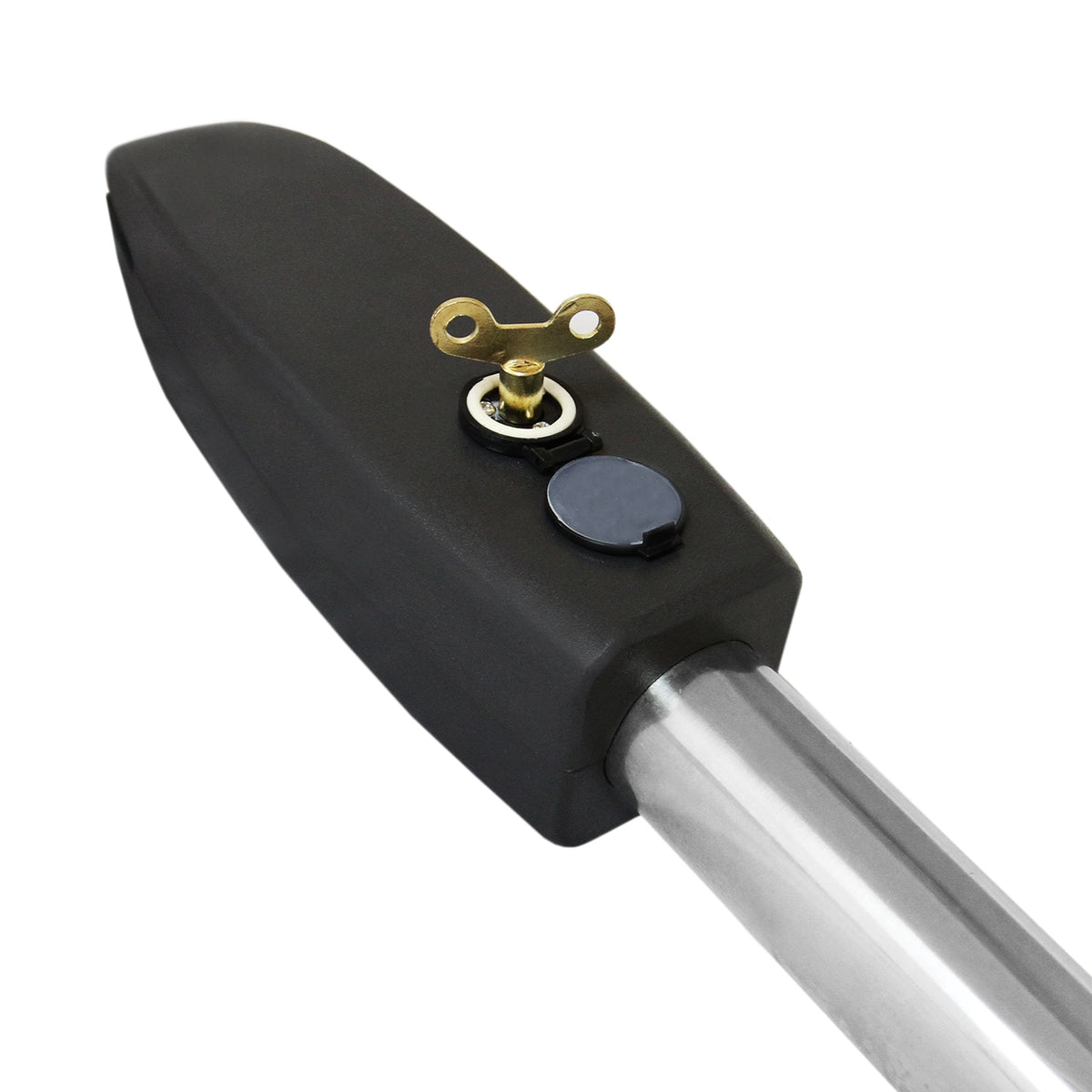 Elektrischer Torantrieb mit schwarzem Gehäuse, silbernem Metallstab und goldener Schlüsselöffnung, ideal für automatisierte Tore