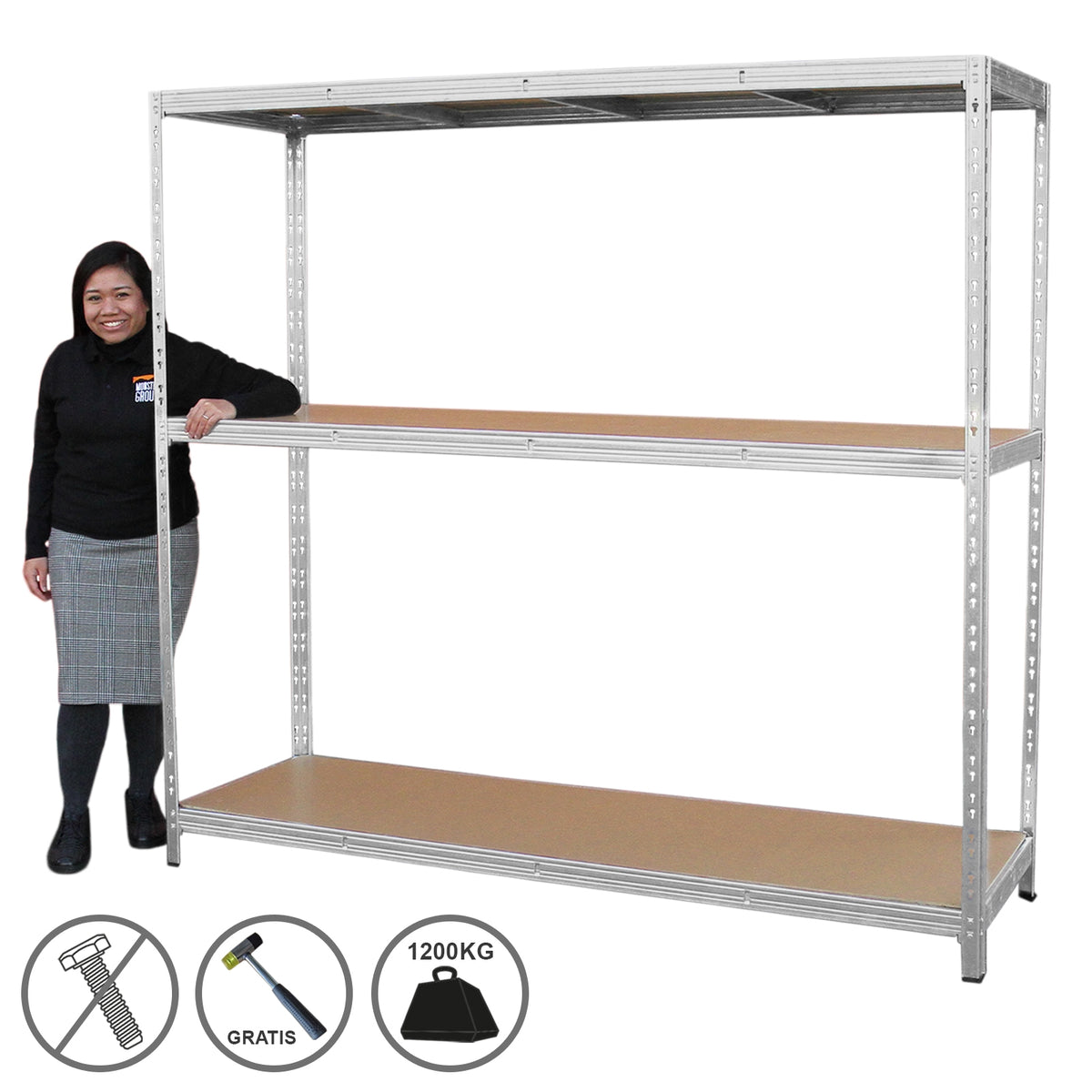 Stahl-Regal mit drei stabilen Regalböden, silberne Metallstruktur, Holzoberflächen, geeignet für bis zu 1200 kg, ideal für Lagerung und Organisation