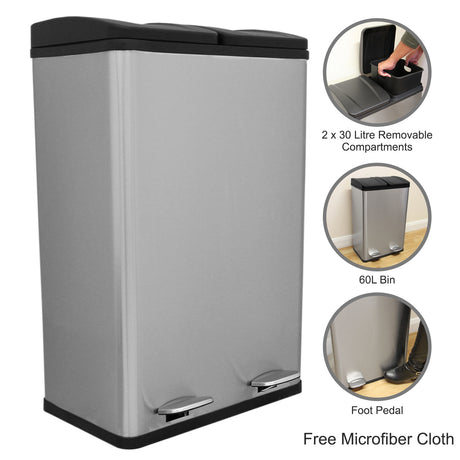 Eleganter 60l Doppel-Abfalleimer aus Edelstahl mit zwei 30-Liter-Fächern, Fußpedal und abnehmbaren Deckeln in modernem Design
