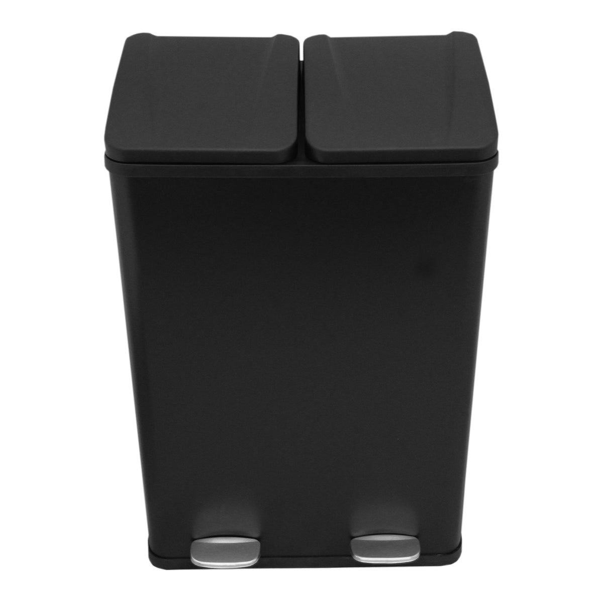 Schwarzer 60l Doppel Abfalleimer mit zwei Tretmechanismen, elegantes, modernes Design, aus robustem Metall, ideal für Mülltrennung