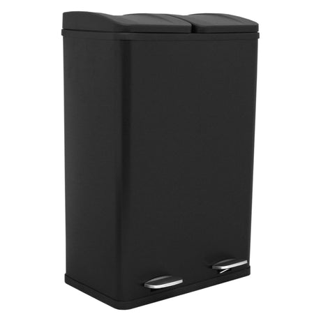 Schwarzer 60l Doppelabfalleimer mit zwei Tretmechanismen, aus robustem Metall, rechteckige Form, glatte Oberfläche und moderne, elegante Linien