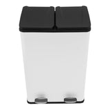 Doppelter Tretmülleimer in Weiß mit zwei Fächern, schwarzem Deckel und Fußpedalen, ideal für Mülltrennung und platzsparend im Design