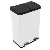 Doppelter Tretmülleimer in Weiß mit zwei schwarzen Deckeln, aus robustem Material, ideal für Mülltrennung und platzsparend im Design