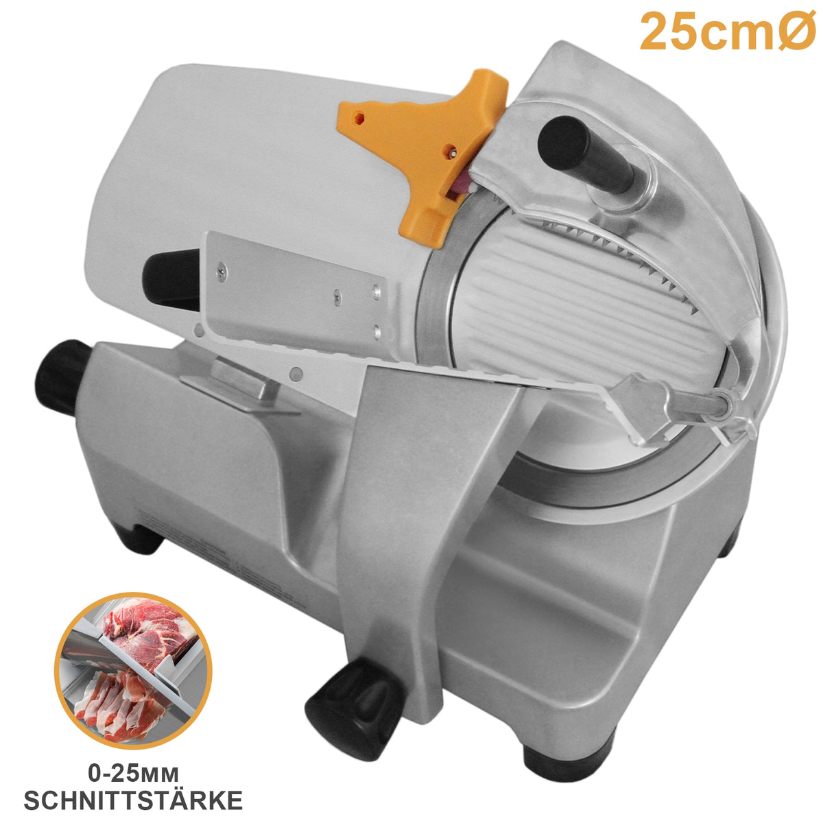 Kommerzielle Aufschnittmaschine mit 25 cm Durchmesser, silberner Gehäusefarbe, präziser Klinge, orangefarbener Hebel zur Schnittstärkeneinstellung
