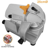 Kommerzielle Aufschnittmaschine mit 25 cm Durchmesser, silberner Gehäusefarbe, präziser Klinge, orangefarbener Hebel zur Schnittstärkeneinstellung