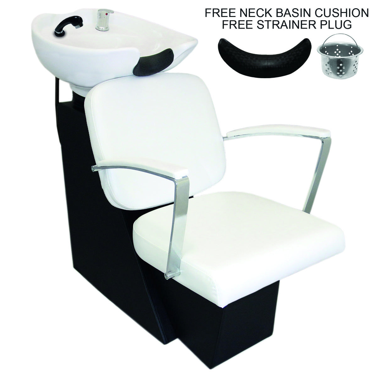 Eleganter Friseurwaschsessel in Weiß mit komfortablem, gepolstertem Sitz, verchromten Armlehnen und integriertem Waschbecken für optimale Hygiene und Komfort
