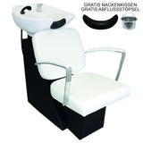 Eleganter Friseurwaschsessel in Weiß mit komfortabler Polsterung, verchromten Armlehnen und integriertem Waschbecken, ideal für Salons