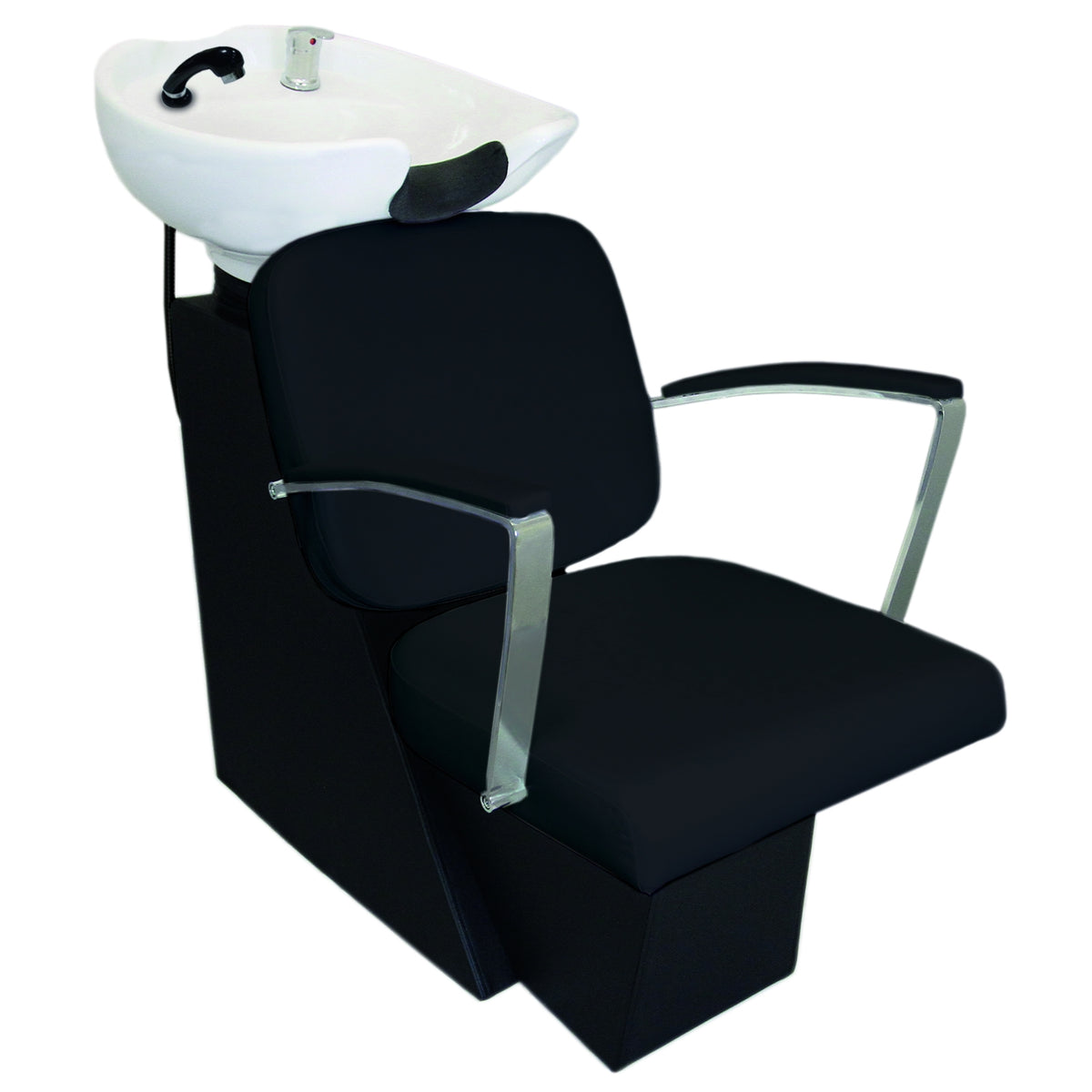 Schwarzer Friseurwaschsessel mit komfortabler Polsterung, verchromten Armlehnen und integriertem Waschbecken in Weiß, ideal für Friseursalons