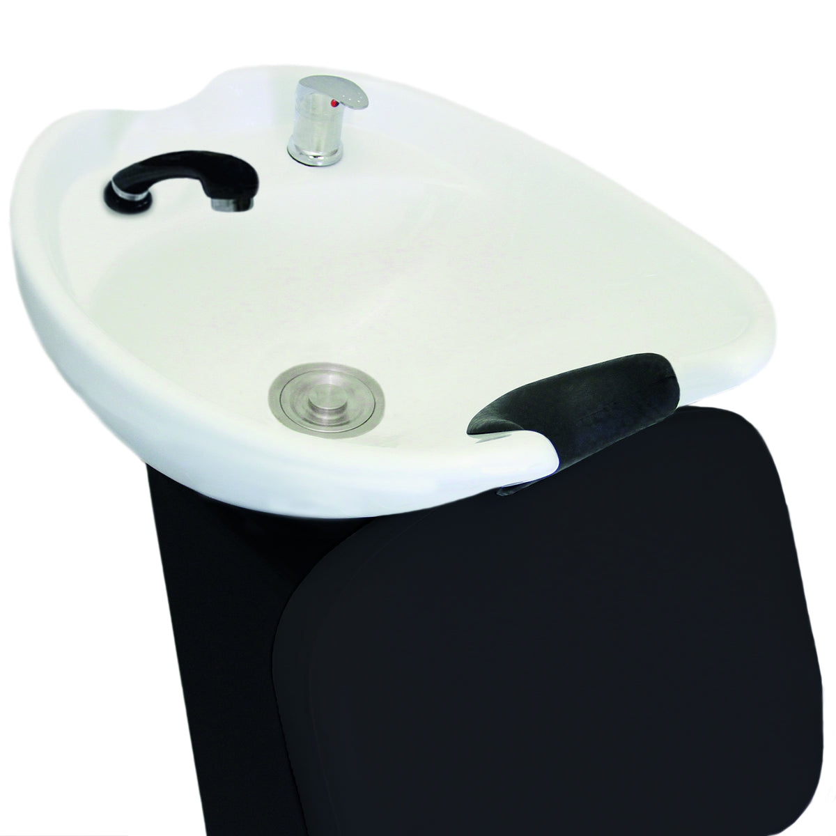 Schwarzer Friseurwaschsessel mit weißem Waschbecken, ergonomischem Design, glänzender Oberfläche und praktischen Griffen für Komfort und Funktionalität
