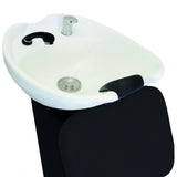 Schwarzer Friseurwaschsessel mit weißem Waschbecken, ergonomischem Design, glänzender Oberfläche und praktischen Griffen für Komfort und Funktionalität