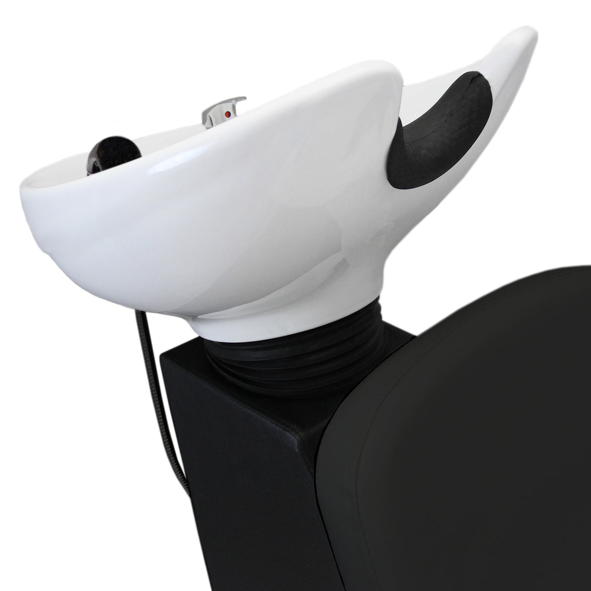 Schwarzer Friseurwaschsessel mit glänzendem, weißem Waschbecken, ergonomischem Design und weichem, gepolstertem Sitz für optimalen Komfort