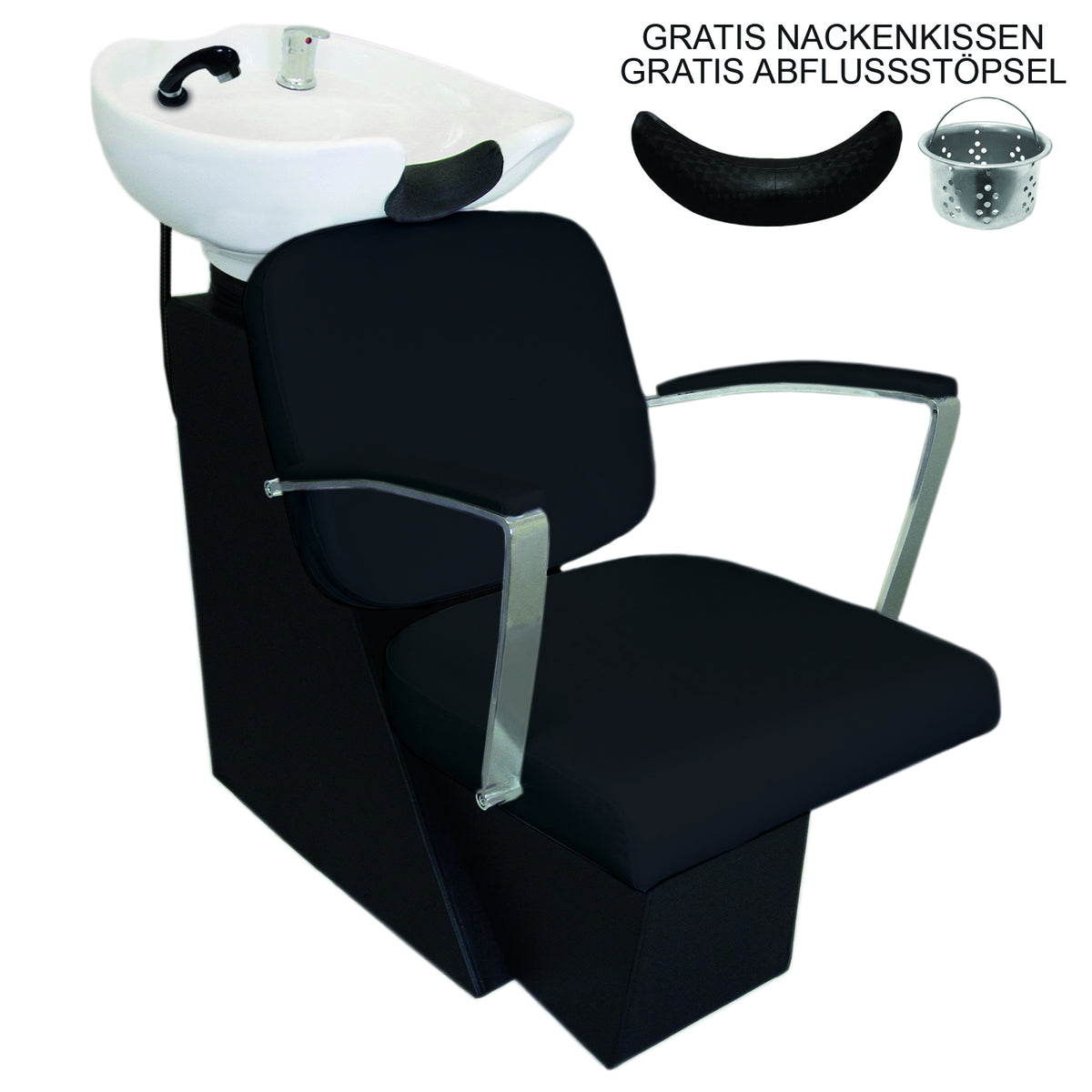 Schwarzer Friseurwaschsessel mit bequemer Polsterung, verchromten Armlehnen und integriertem Waschbecken in Weiß, inklusive Nackenstütze und Abflussstöpsel