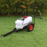 60L Sprühgerät Anhänger mit rotem Tank, schwarzem Gestell und großen Reifen, ideal für die effiziente Pflanzenbewässerung im Garten