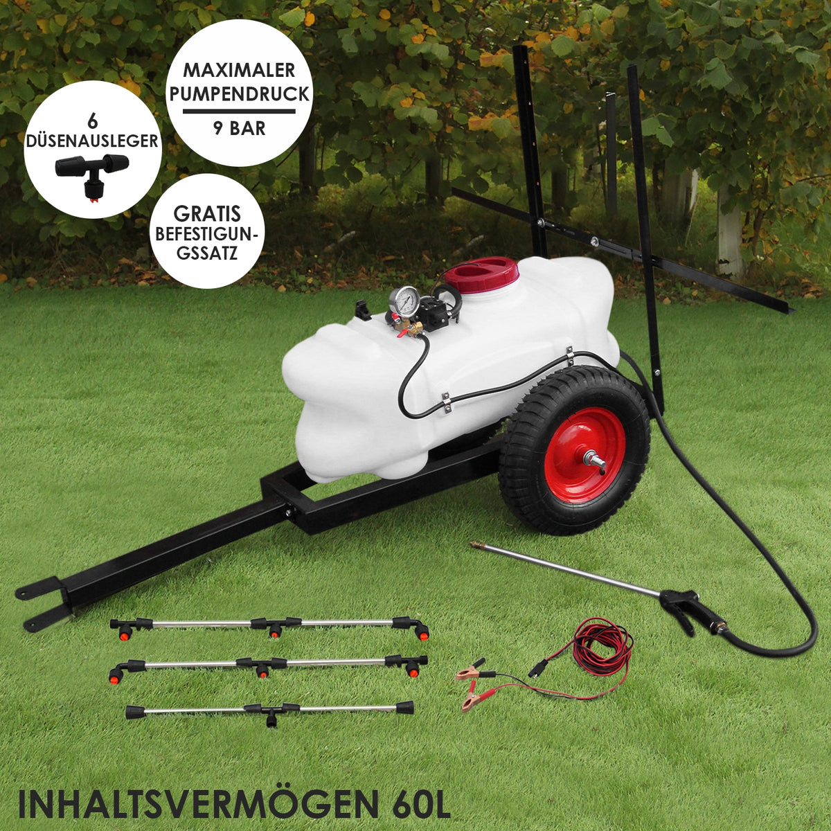 60L Sprühgerät Anhänger mit rotem Rad, weißem Tank, schwarzem Gestell und Zubehör, ideal für effektives Sprühen von Pflanzenpflegeprodukten