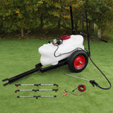 Weißer 100L Sprühgerät Anhänger mit rotem Tank, schwarzen Rädern und Sprühstangen, ideal für die Pflanzenpflege im Garten oder Landwirtschaft