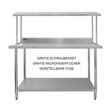 Kukoo Gastronomie Arbeitstisch aus Edelstahl, 150 cm, mit zwei Ebenen, verstellbaren Füßen und Zubehör wie Schraubenset und Mikrofasertuch
