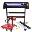 LED Schneideplotter in Schwarz mit blauer Beleuchtung, rote Transferpresse, verschiedene Folienrollen, Werkzeug und Klebeband auf einem stabilen Gestell
