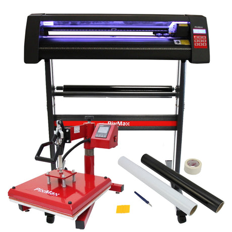 LED Schneideplotter in Schwarz mit blauer Beleuchtung, rote Transferpresse, verschiedene Folienrollen, Werkzeug und Klebeband auf einem stabilen Gestell