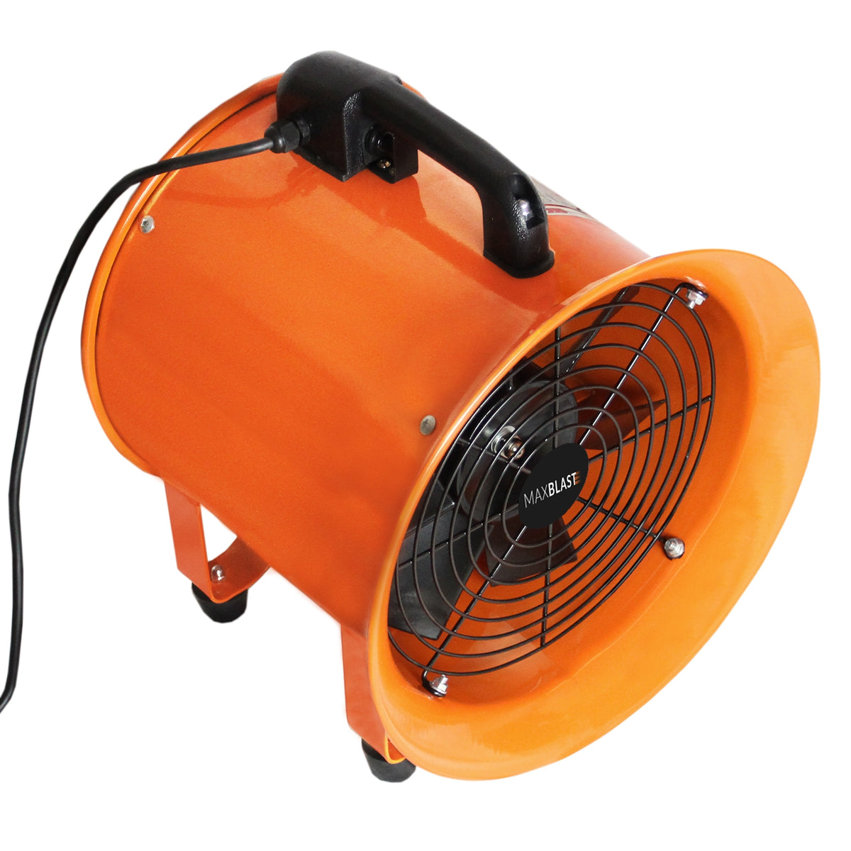 Professioneller MAXBLAST Industrieventilator in leuchtendem Orange, 300mm Durchmesser, robustes Gehäuse, mit einem starken 550W Motor und praktischem Tragegriff