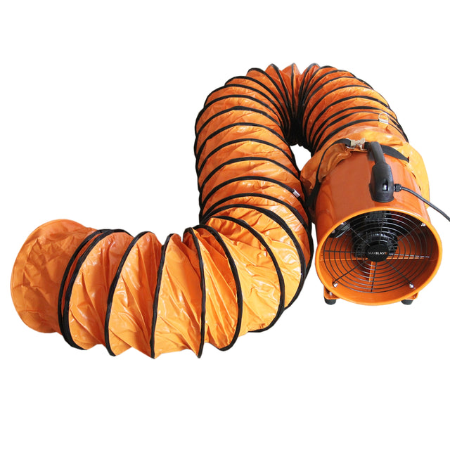 Professioneller MAXBLAST Industrieventilator in leuchtendem Orange mit flexiblem 6m-Kanal, ideal für effektive Luftzirkulation und Belüftung