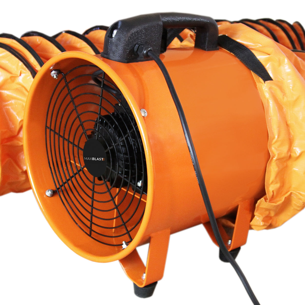 Professioneller MAXBLAST Industrieventilator in leuchtendem Orange mit robustem Gehäuse, 300mm Durchmesser, 550W Leistung und flexibler 6m Luftkanal