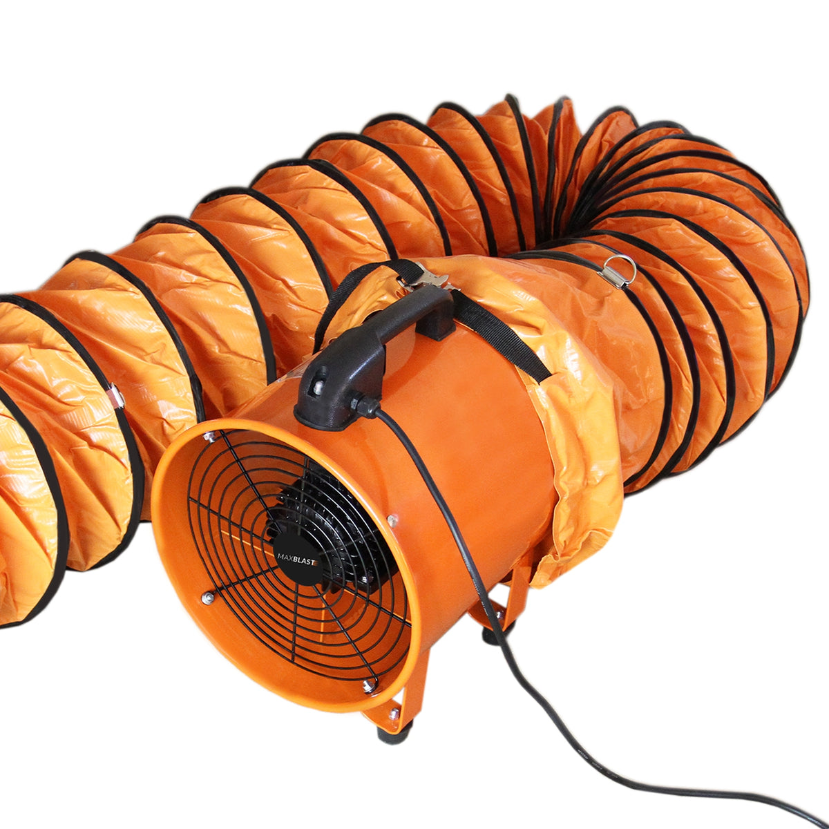 Professioneller MAXBLAST Industrieventilator in leuchtendem Orange mit 300mm Durchmesser, 550W Leistung und flexibler 12m Luftkanal für effektive Belüftung