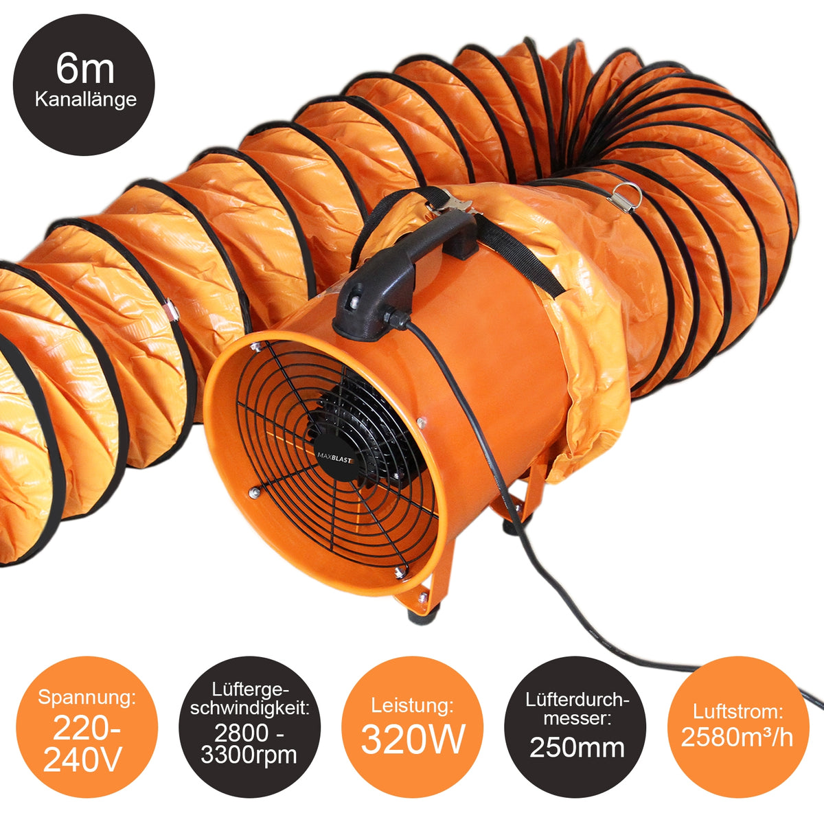 Professioneller MAXBLAST Industrieventilator mit orangefarbenem Gehäuse, 250mm Durchmesser, 320W Leistung und 6m flexibler Kanallänge