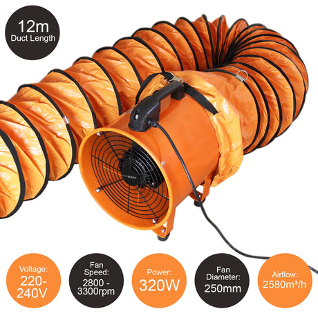 Professioneller Industrieventilator in leuchtendem Orange mit 250 mm Durchmesser, 320 W Leistung und 12 m flexibler Luftkanal für hohe Luftzirkulation