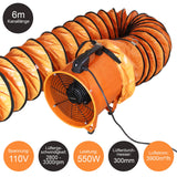 Professioneller MAXBLAST Industrieventilator mit orangefarbenem Gehäuse, 300mm Durchmesser, 550W Leistung und 6m flexibler Kanallänge für hohe Luftzirkulation