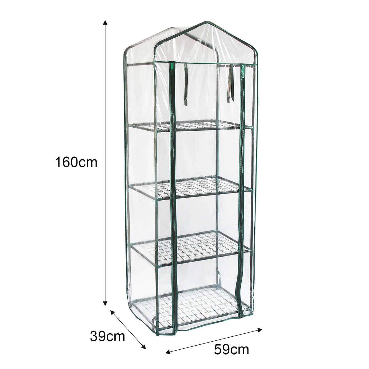 Mini-Gewächshaus mit transparentem Kunststoffüberzug, vier stabilen Regalen aus Metall, ideal für Pflanzenanzucht, Maße 160 cm hoch, 39 cm tief, 59 cm breit