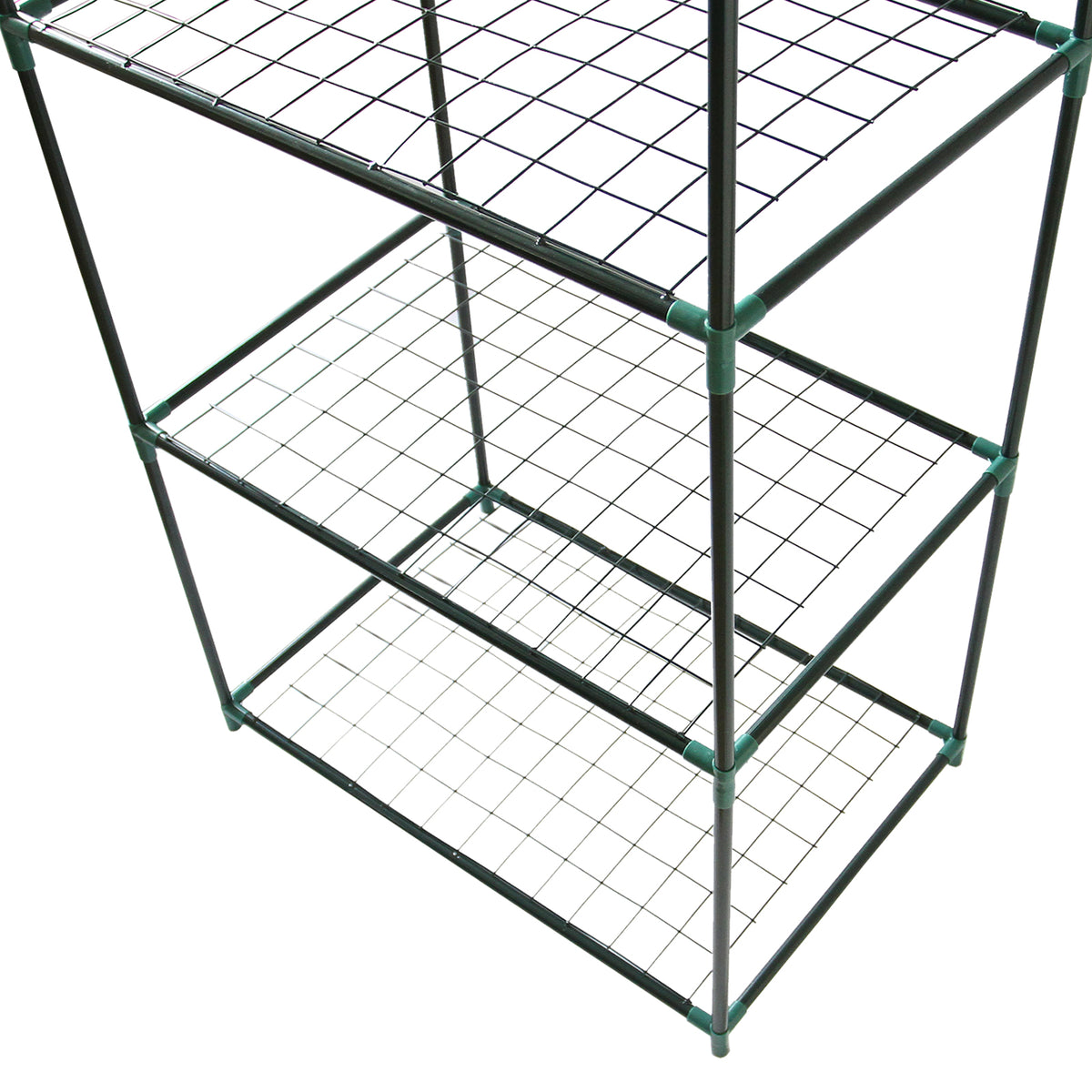 Mini-Gewächshaus mit vier stabilen Regalen aus grünem Kunststoff und einem transparenten Folienüberzug, ideal für Pflanzenanzucht und Schutz