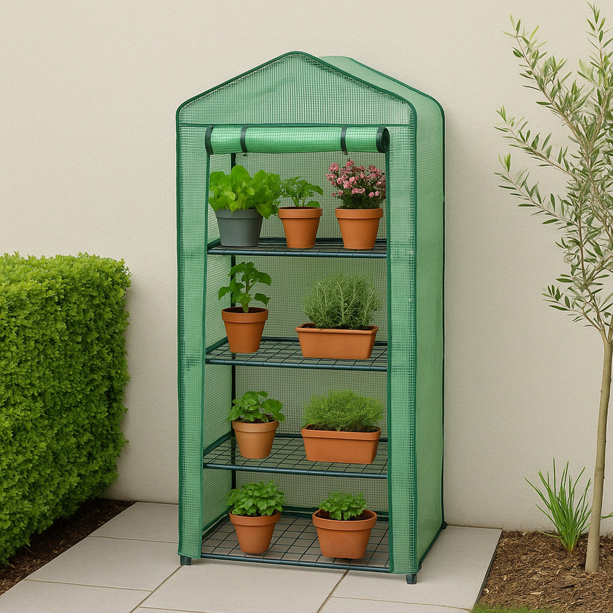 Mini-Gewächshaus mit grüner Polyethylen-Abdeckung, vier Regalen und verschiedenen Pflanzen in Tontöpfen, ideal für Gartenliebhaber und Pflanzenpflege